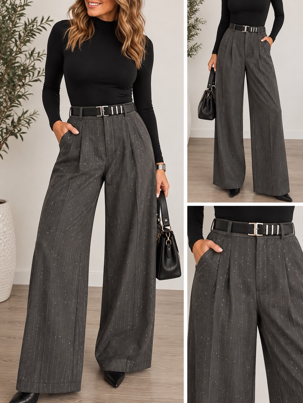 152,New Wide-Leg Pinstripe Sparkle Pants - Black Gray